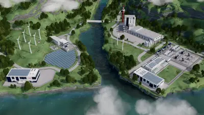 3D graphic of a future hydrogen ecosystem with PEM electrolysis stacks by Bosch and renewable energy sources