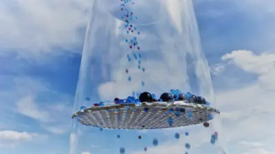 Symbolic image for Direct Air Capture: Blue balls fall through a sieve that holds back larger, black balls.