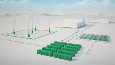 Landscape with Container system with wind turbines and solar panels
