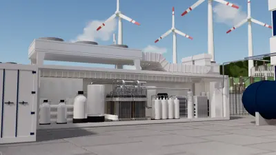 Rendering der Bosch-Elektrolysekomponenten in einem Container, der ein Stahlwerk mit Wasserstoff versorgt