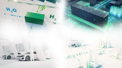 Illustration of a future hydrogen ecosystem with Hybrion PEM electrolysis stacks and renewable energy sources