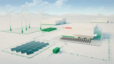 A Bosch landscape with a container, wind turbines, and solar panels. 