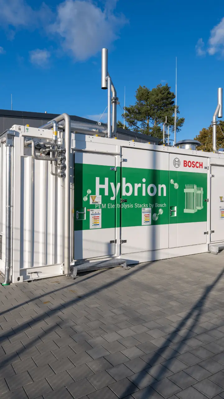 An electrolysis container with green print "Hybrion PEM Electrolysis Stacks"