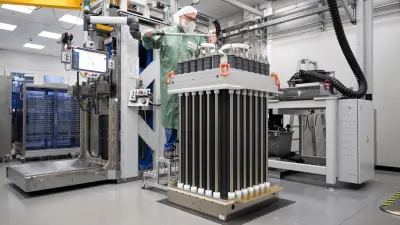 Mitarbeiter in der Fertigung montiert einen Elektrolyse-Stack