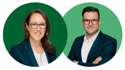 Portrait photos of a woman and a man representing the Bosch Hydrogen Partner Community.