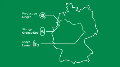 Map of Germany on a green background that shows where the production, storage and usage takes place