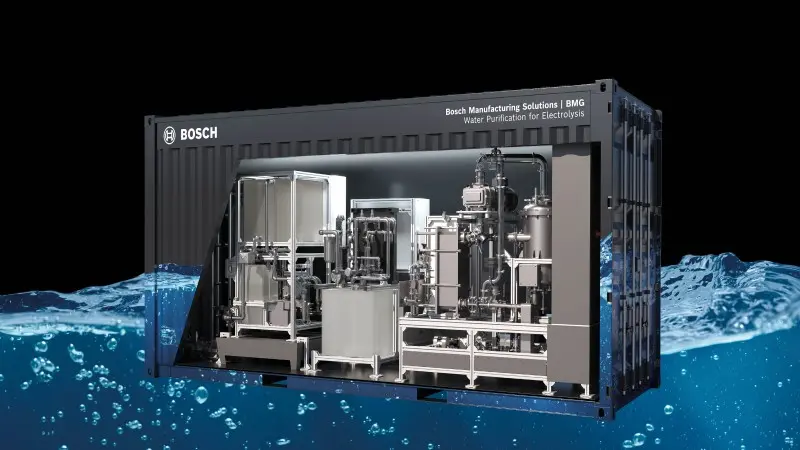 Infographic of the Bosch water purification unit for electrolysis, housed in a container. The three main components are labeled: 1. Mechanical Vapor Compression Distillation, 2. Electrodeionization Unit, and 3. Anti-Scaling System.