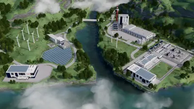 Illustration of a future hydrogen ecosystem with Hybrion PEM electrolysis stacks and renewable energy sources